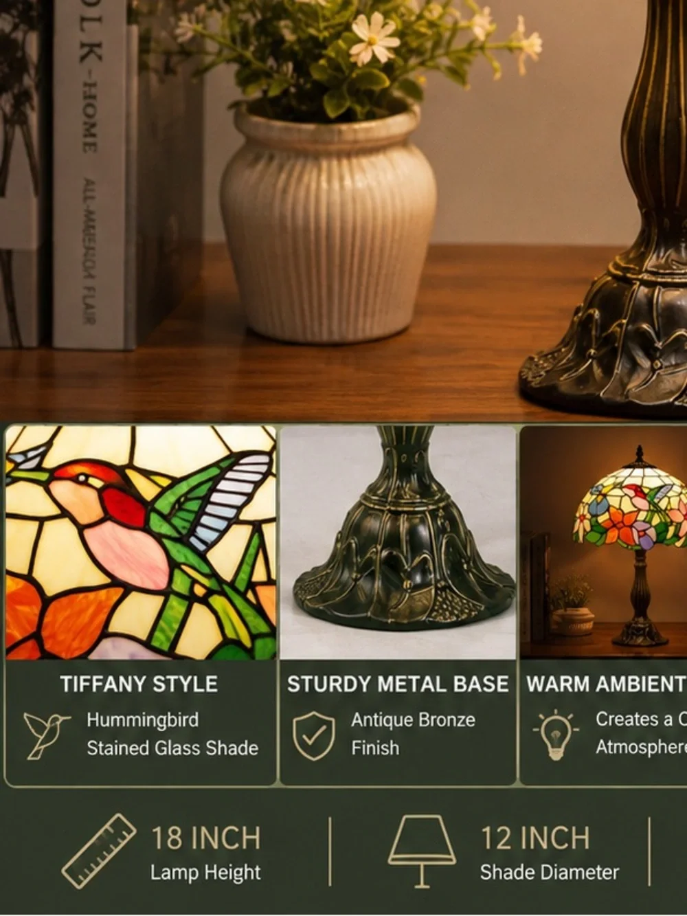 Tiffany Style Hummingbird Stained Glass Table Lamp Bedside Desk Lamp 18”